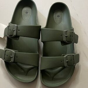 Shade & Shore Olive Green Double Buckle Slide Sandals